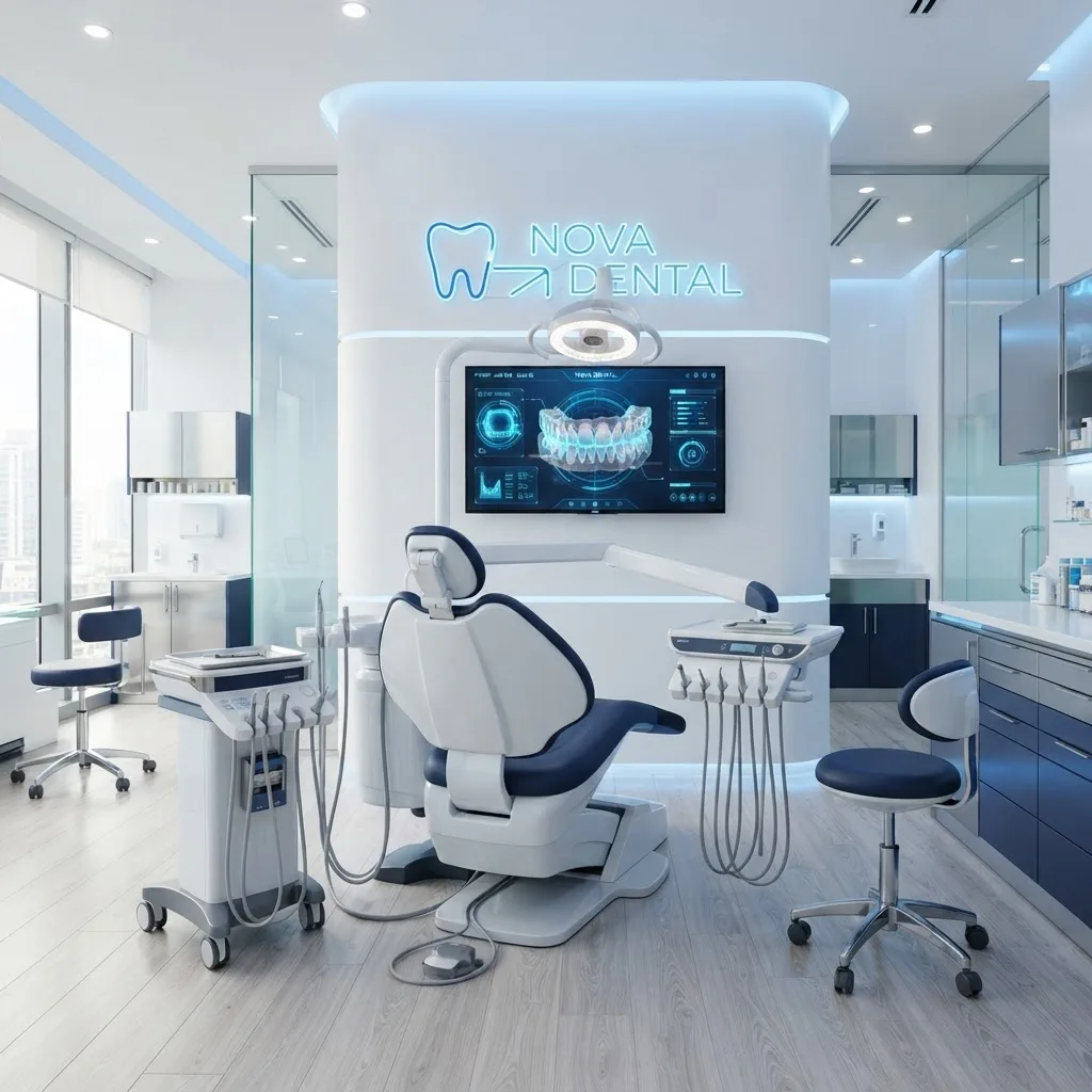Modern treatment room with a dental chair at Nova Dental