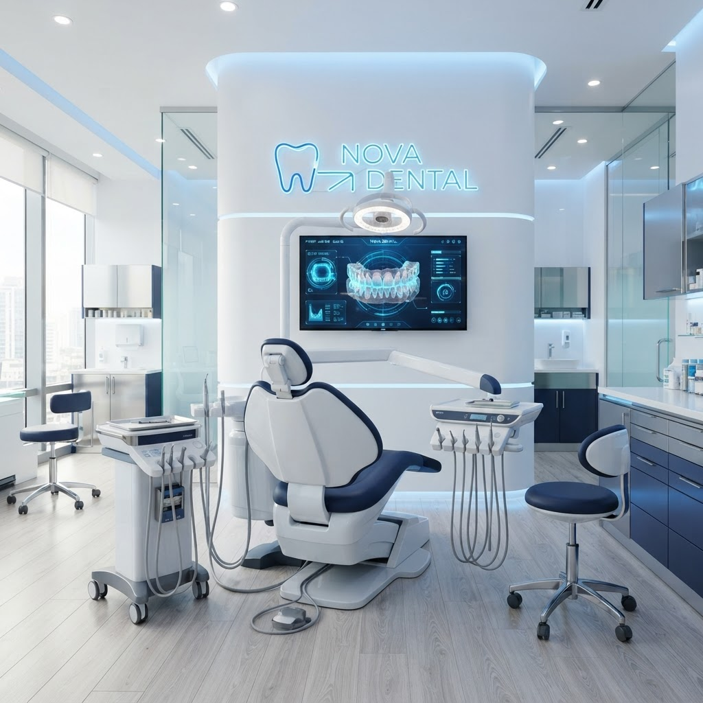 Modern dental treatment room with an advanced dental chair, 3D imaging monitor, and glowing Nova Dental sign